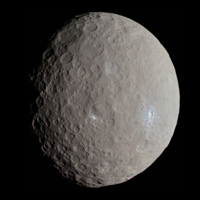 Ceres, a gray dwarf planet with a cratered surface and bright spots.