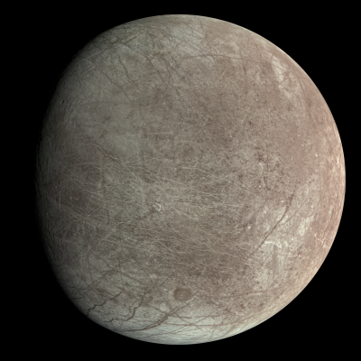 Europa, an icy moon with a smooth surface crisscrossed by reddish-brown fractures.