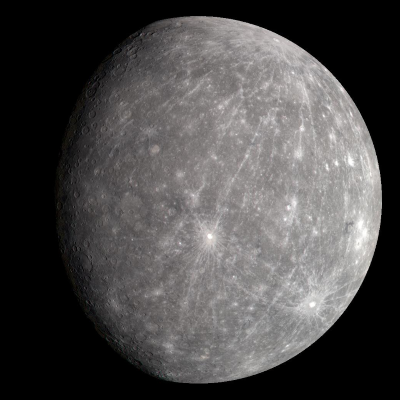 An image of Mercury, a gray, rocky planet covered in craters, resembling Earth's Moon.