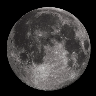 Earth's moon or Luna, a gray, cratered moon with dark plains scattered across its surface.