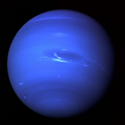 Neptune, a deep blue planet with faint white cloud streaks and a visible dark storm.