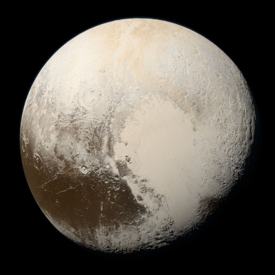 Pluto, a tan and brown dwarf planet with a bright, heart-shaped region on its surface.