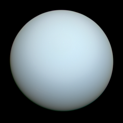 Uranus, a pale light blue-green planet tilted on its side.